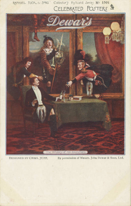 Историческая открытка-реклама Dewar's «The Whiskey of His Forefathers» (начало 1900-х)