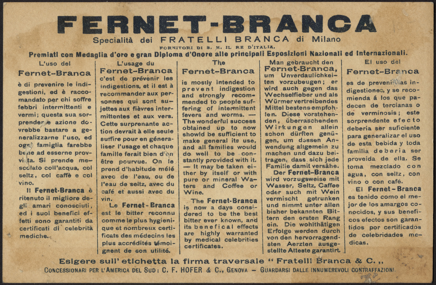 Историческая рекламная карта Fernet-Branca (хромолитография, ок. 1870–1900), оборот с фирменной эмблемой орла и глобуса; из собрания Boston Public Library