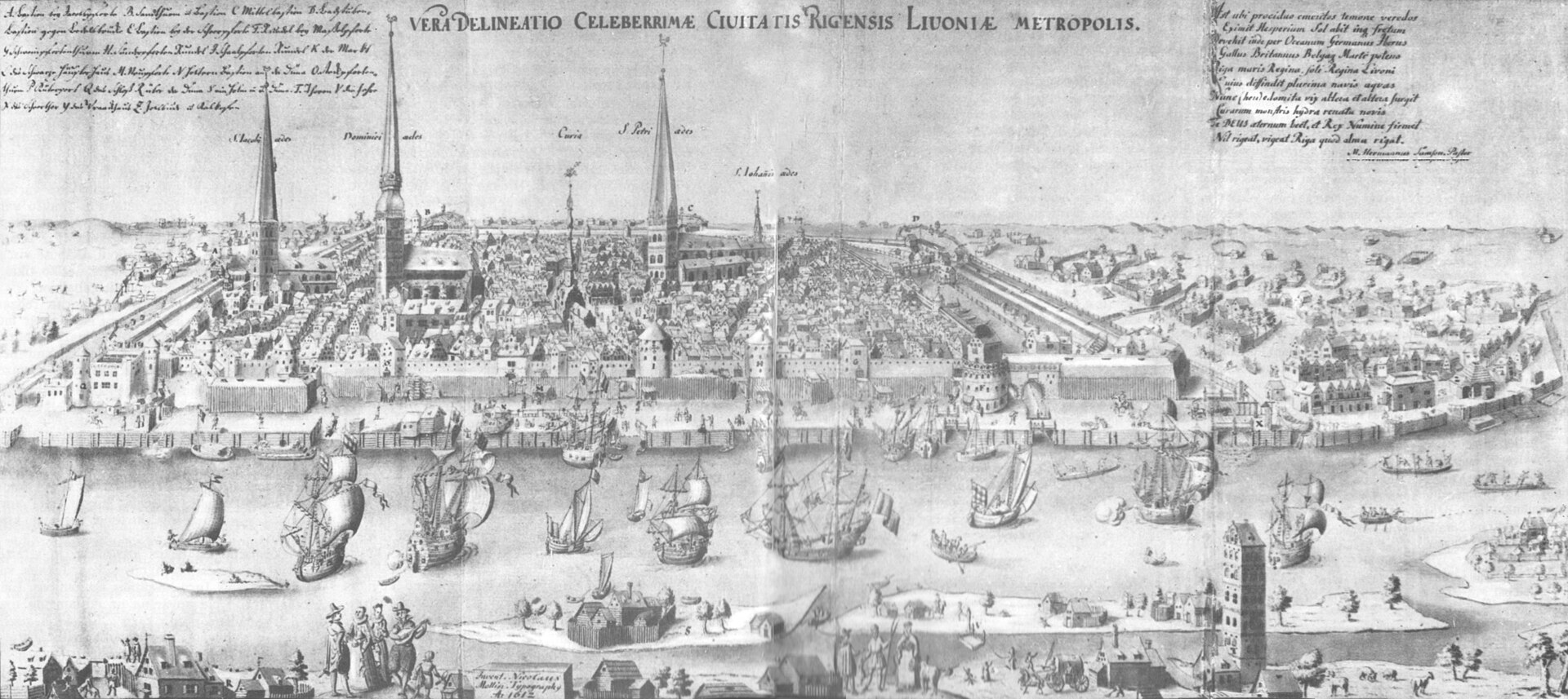 Панорама Риги 1612 года — старинная гравюра, город эпохи аптечных бальзамов