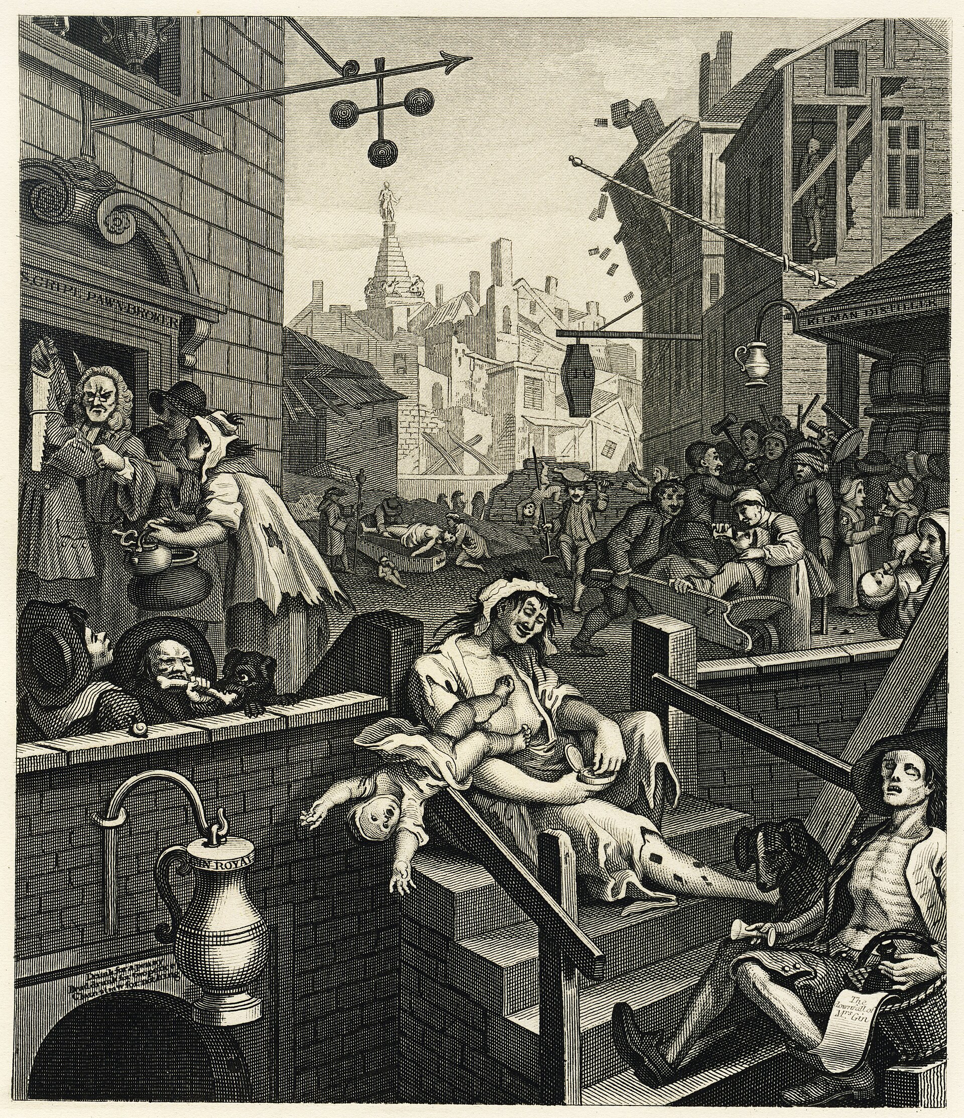 «Улица джина» (Gin Lane), гравюра Уильяма Хогарта, 1751 год — историческое лондонское «джиновое безумие», из-за которого в 1823 году приняли акцизный закон о минимальном объёме куба, преодолённый основателями Sipsmith два века спустя
