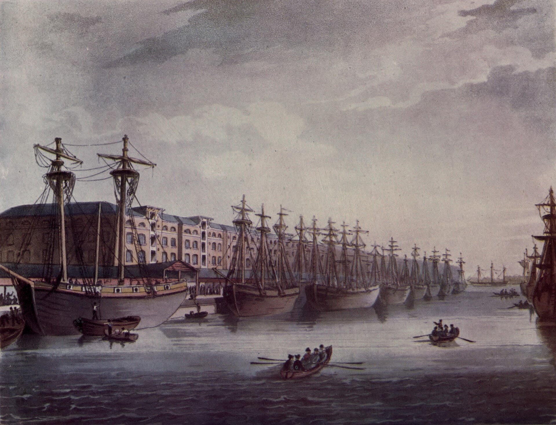 Вест-Индские доки в Лондоне, 1810: разгрузка судов с сахаром и ромом из Вест-Индии