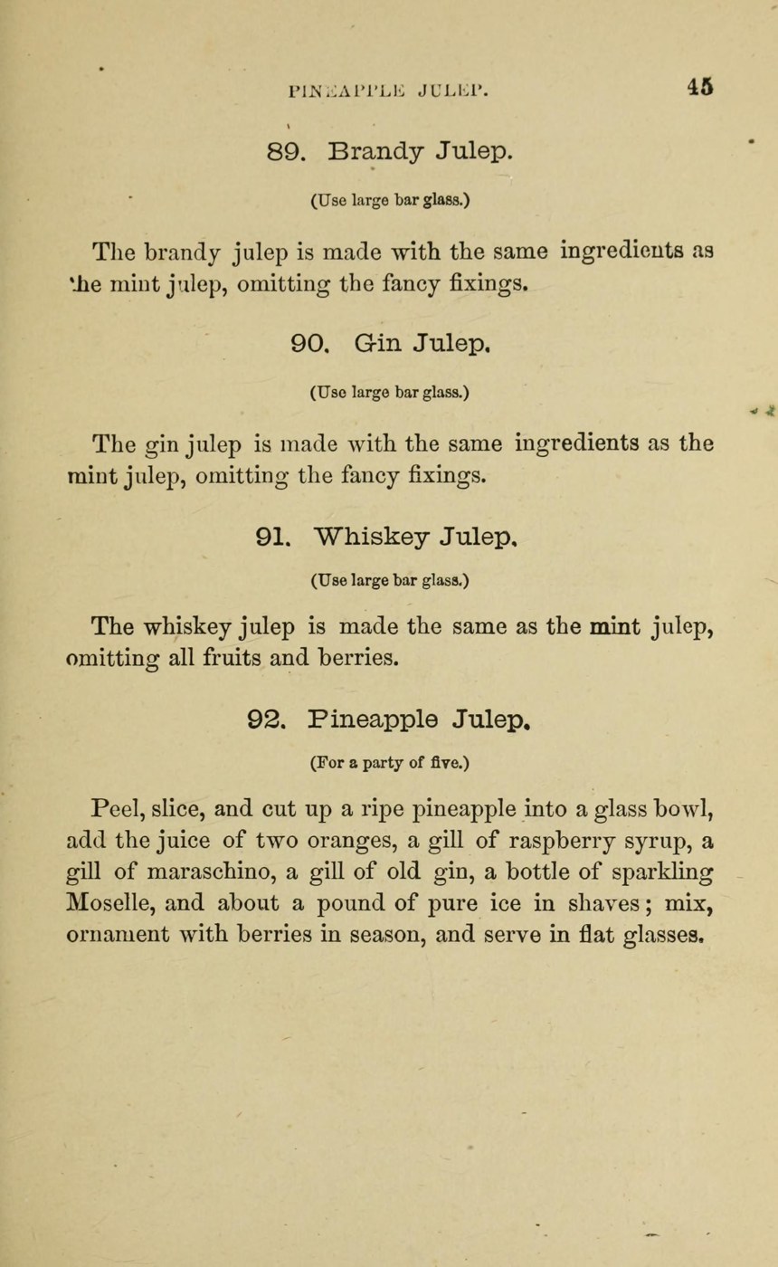 Страница книги с четырьмя рецептами подряд: «89. Brandy Julep», «90. Gin Julep», «91. Whiskey Julep» и «92. Pineapple Julep», каждый в несколько строк