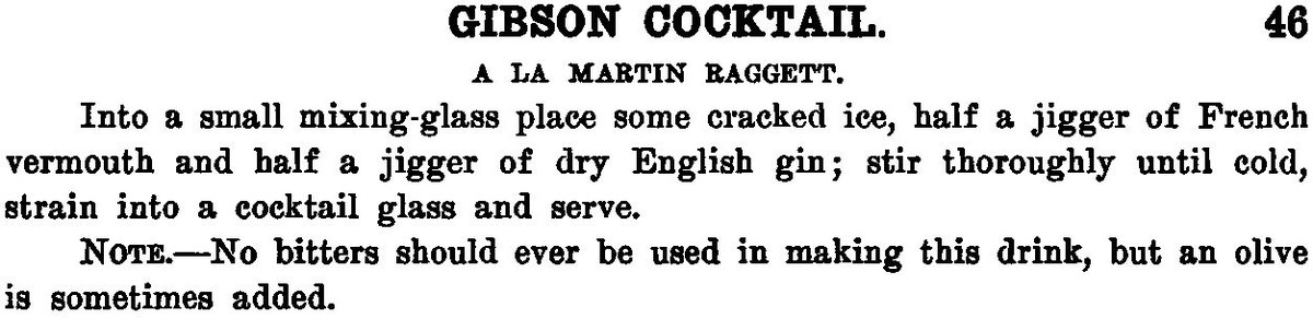 Страница справочника с рецептом Gibson Cocktail à la Martin Raggett и примечанием про оливку