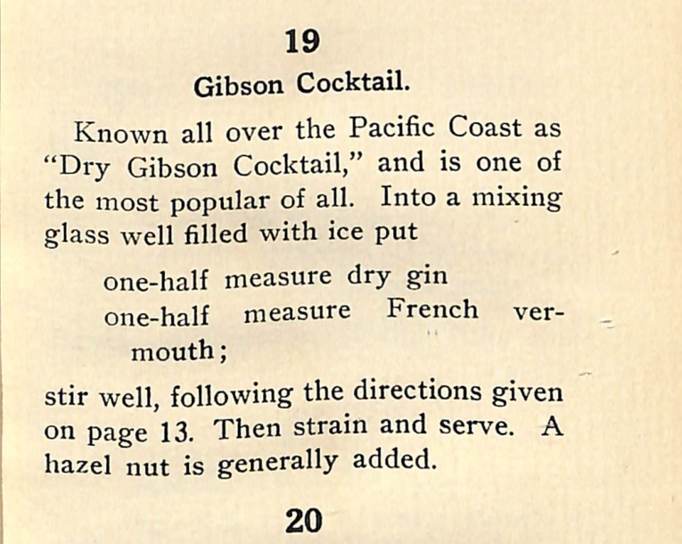 Страница книги Rawling's Book of Mixed Drinks с рецептами Gibson Cocktail