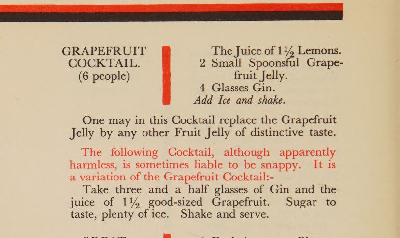 Страница «The Savoy Cocktail Book» с рецептом Grapefruit Cocktail и абзацем о коктейле из джина и грейпфрутового сока